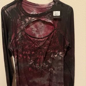 Affliction Red Long Sleeve Cut Out Graphic Blouse